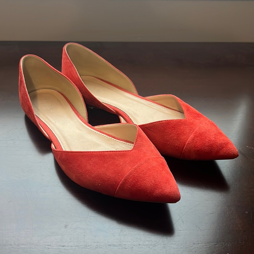 J crew suede pointed toe flats in flame red